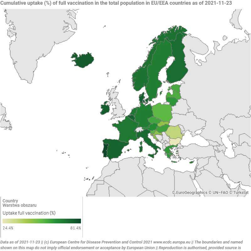 ECDC VaccineTracker Cumulative uptake of full vaccination in the total population in EU EEA countries as of 2021 11 23